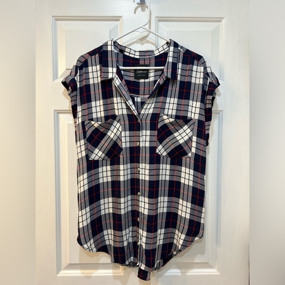 Jachs Girlfriend Button Front Popover Blouse Patriotic Plaid Dolman Sleeve Sz L - Picture 1 of 8
